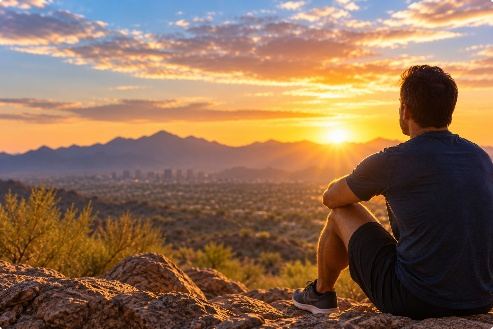 Client looking out over the Phoenix valley at sunset
